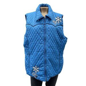 Roper‎ Reversible Quilted Full Zip Winter Blue Vest Embroidered Floral Women XL